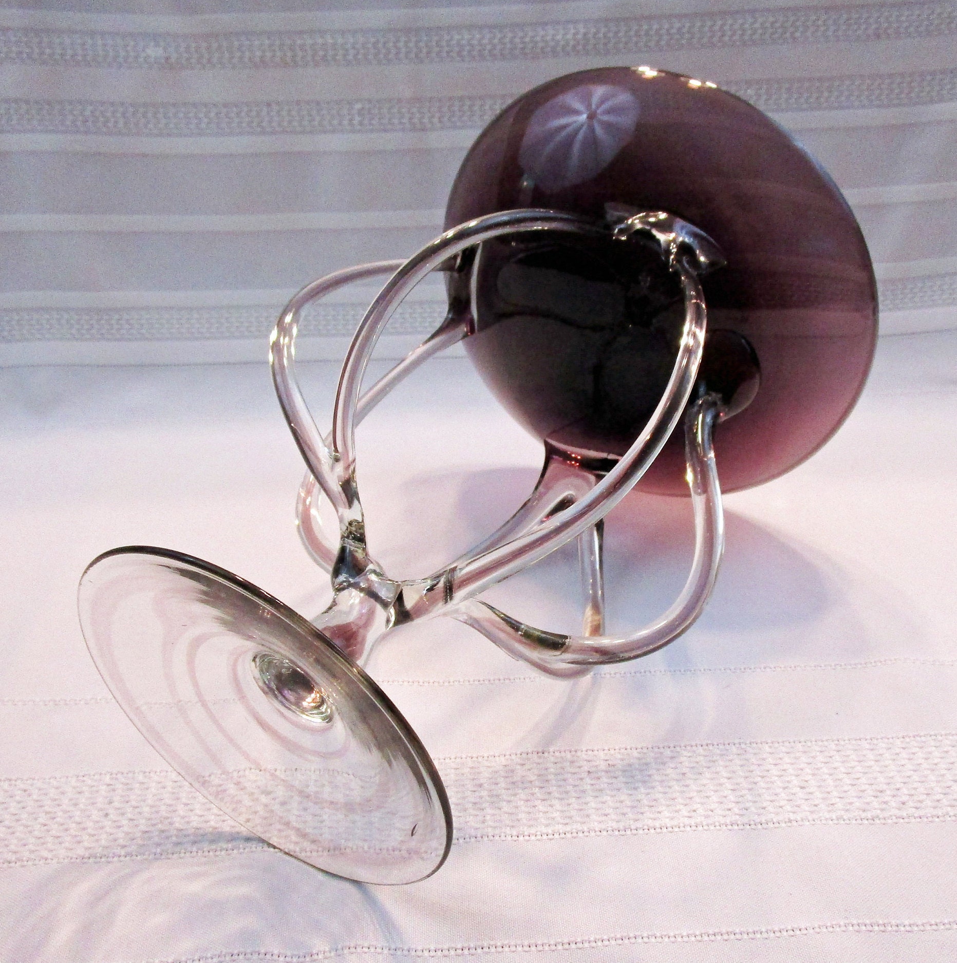 Vintage Amethyst Glass Pedestal Dish Bowl MAKORA Krosno Hand Blown