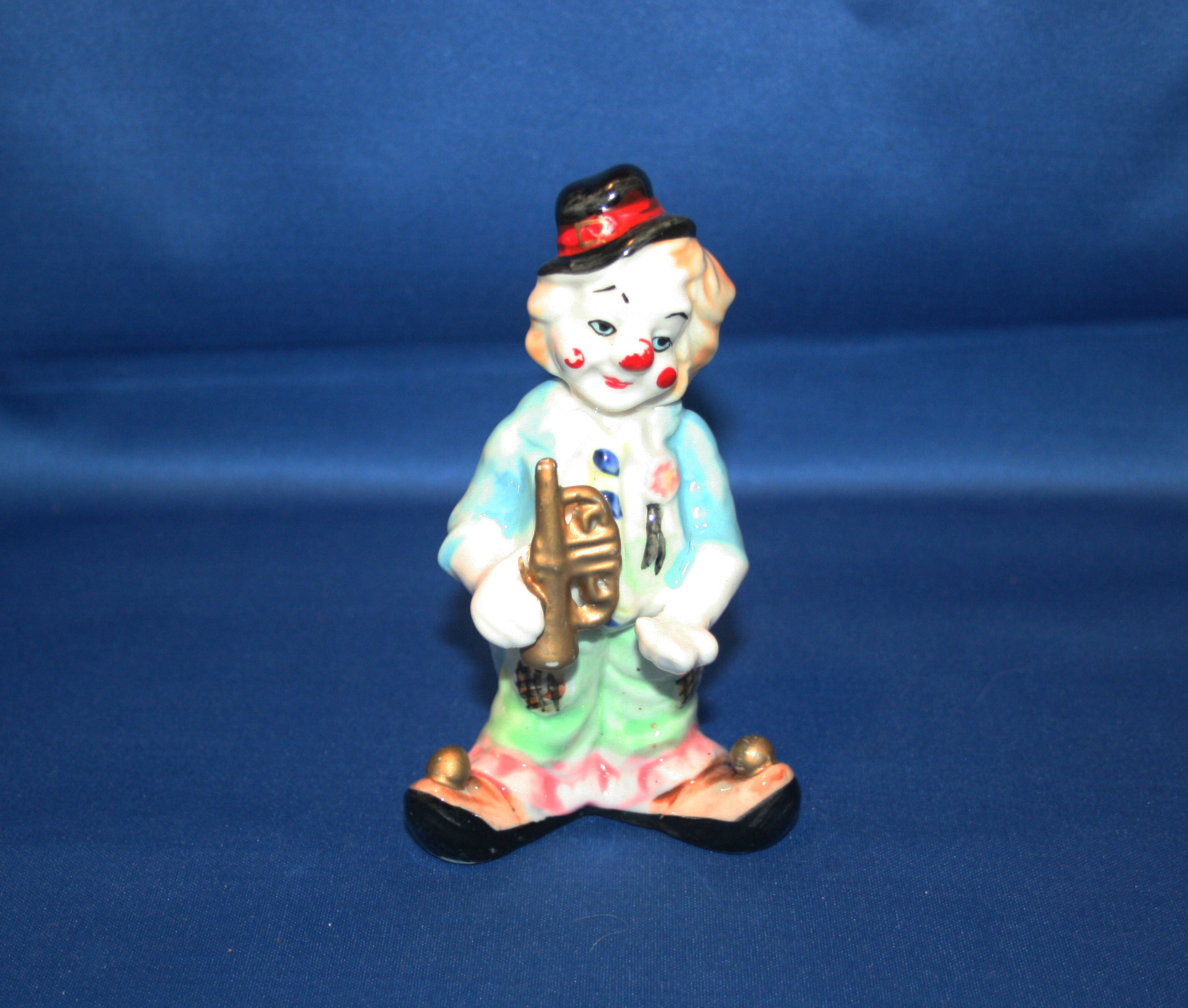 Vintage Occupied Japan Clown with Trumpet Hand Painted Ceramic Figurine