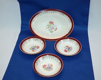 Vintage Lady Evette Berry Bowl Set by Stetson Warranted 22 KT Gold Made in the USA oval serving bowl and 3 fruit bowls