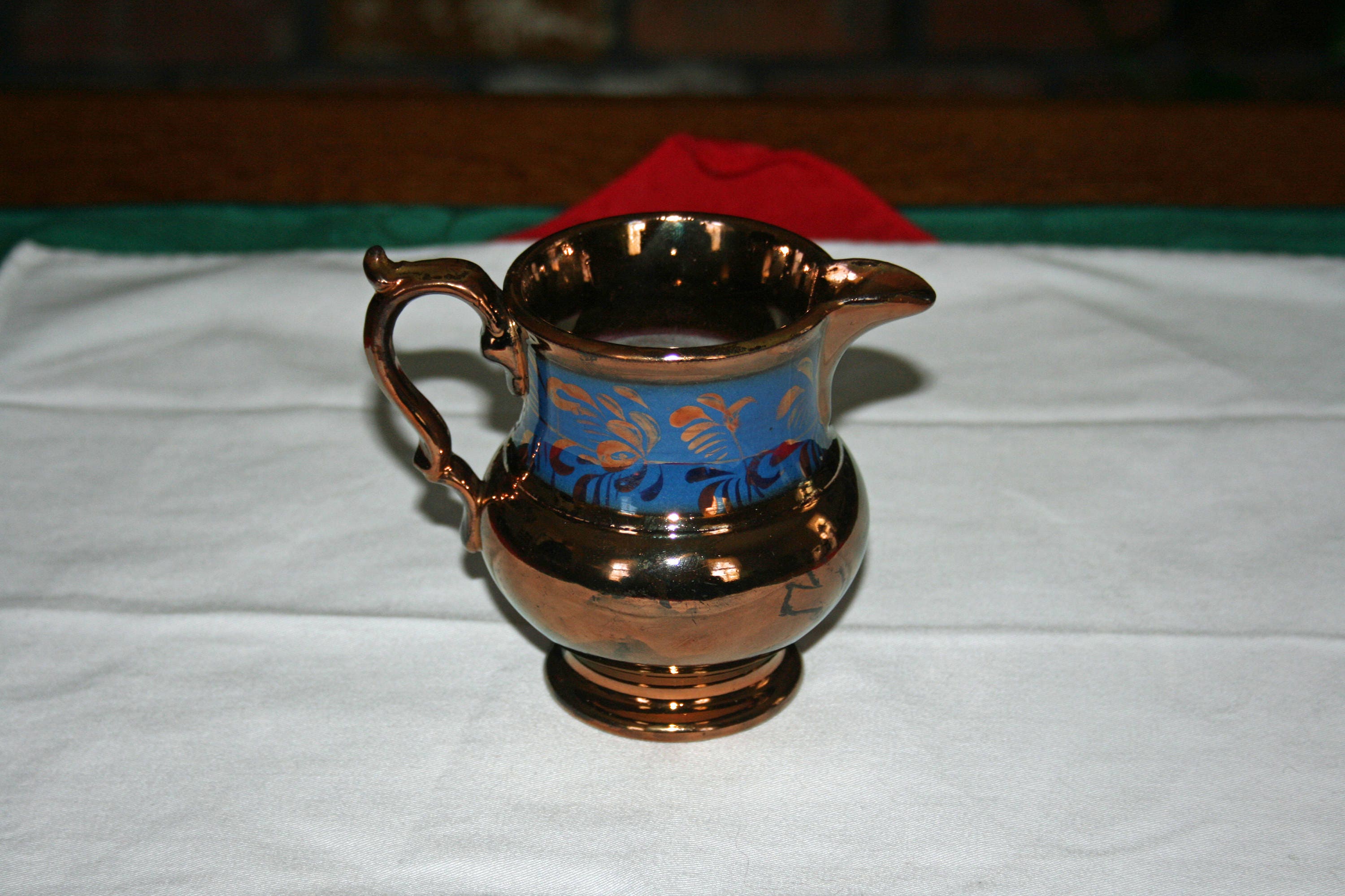 Antique Copper Lusterware Milk Creamer Pitcher with Blue Floral Band