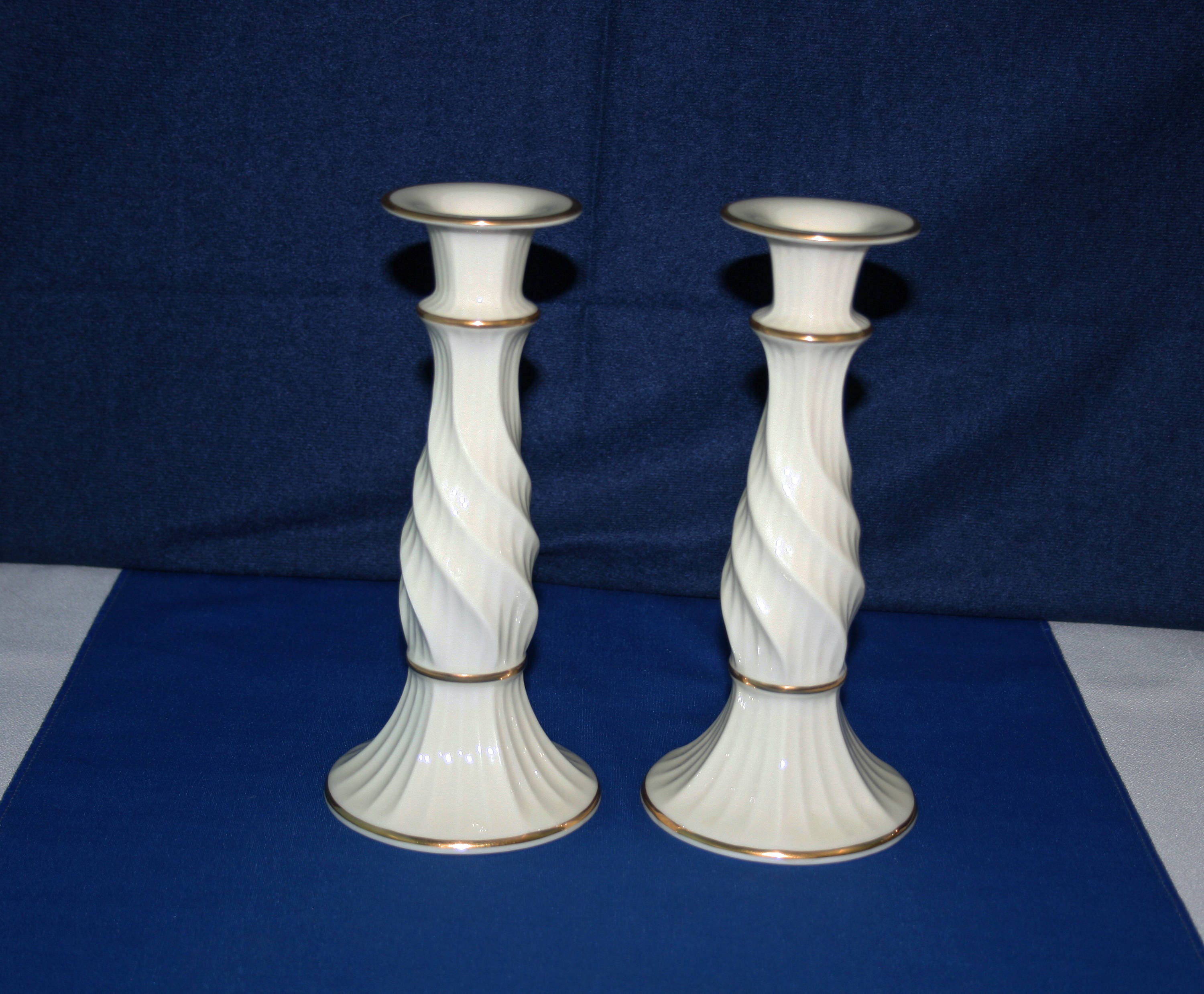 Vintage Lenox China Richmond Pattern 24K Gold Trim Pair of Candlesticks