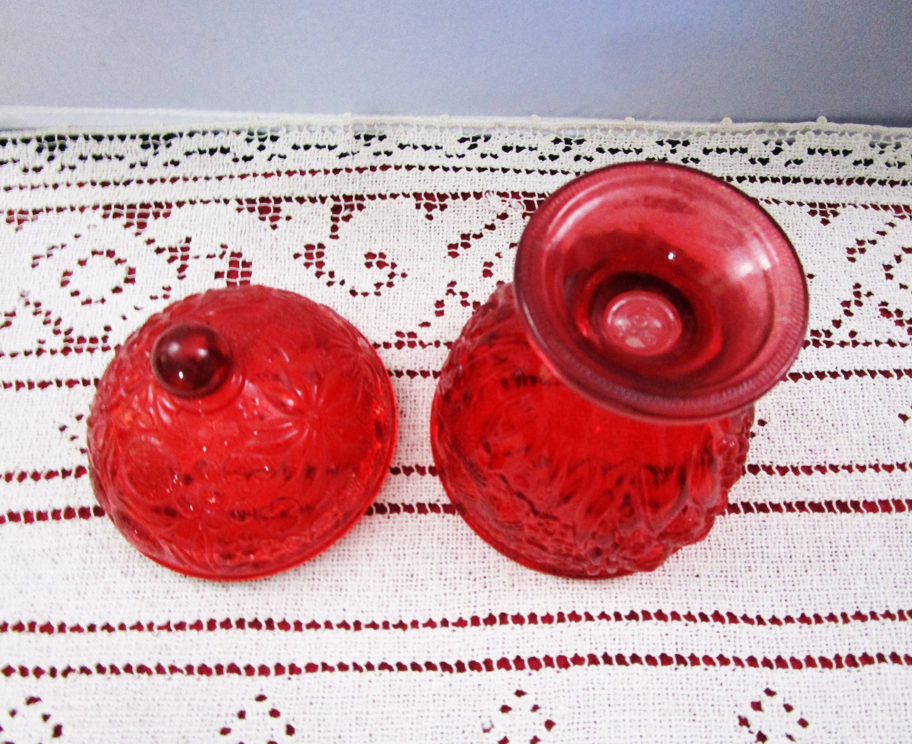 Avon Red Egg-Shaped Footed Candy Dish w/ Lid - Bowditch Antiques