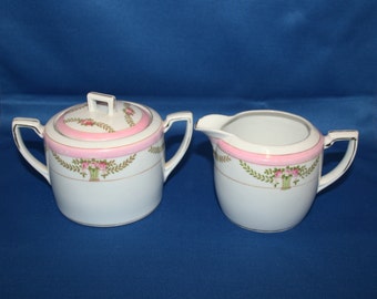 Antique Morimura Brothers Noritake Creamer & Sugar Bowl White with beautiful Pink Flower Bouquet Pink Bands Gold Gilding 1910's Coffee Tea