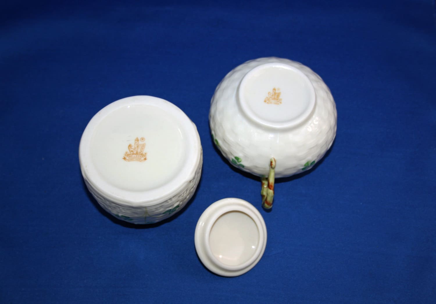 VINTAGE Belleek China Gold 7th Mark Creamer and Lidded Marmalade