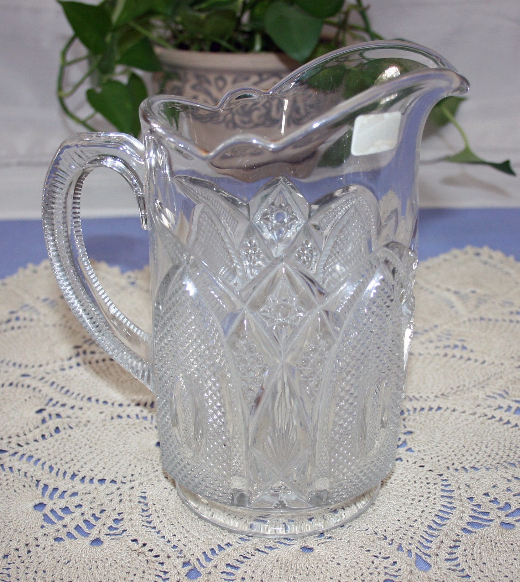 RARE Antique EAPG era Large Clear Glass Pitcher with Ribbed Handle made in  New Hampshire USA water lemonade milk Table Pitcher Tableware