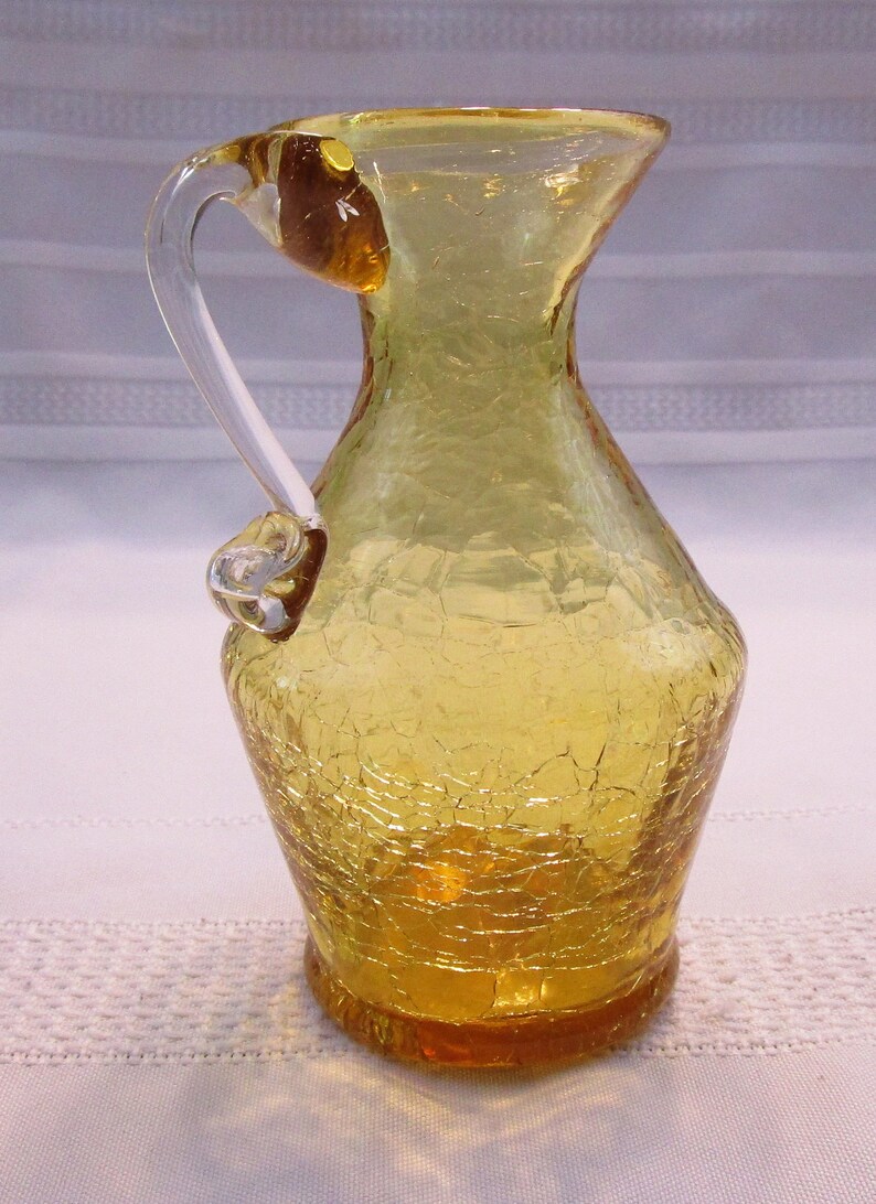 Vintage Amber Crackle Glass Miniature Pitcher Creamer Handcrafted Bud