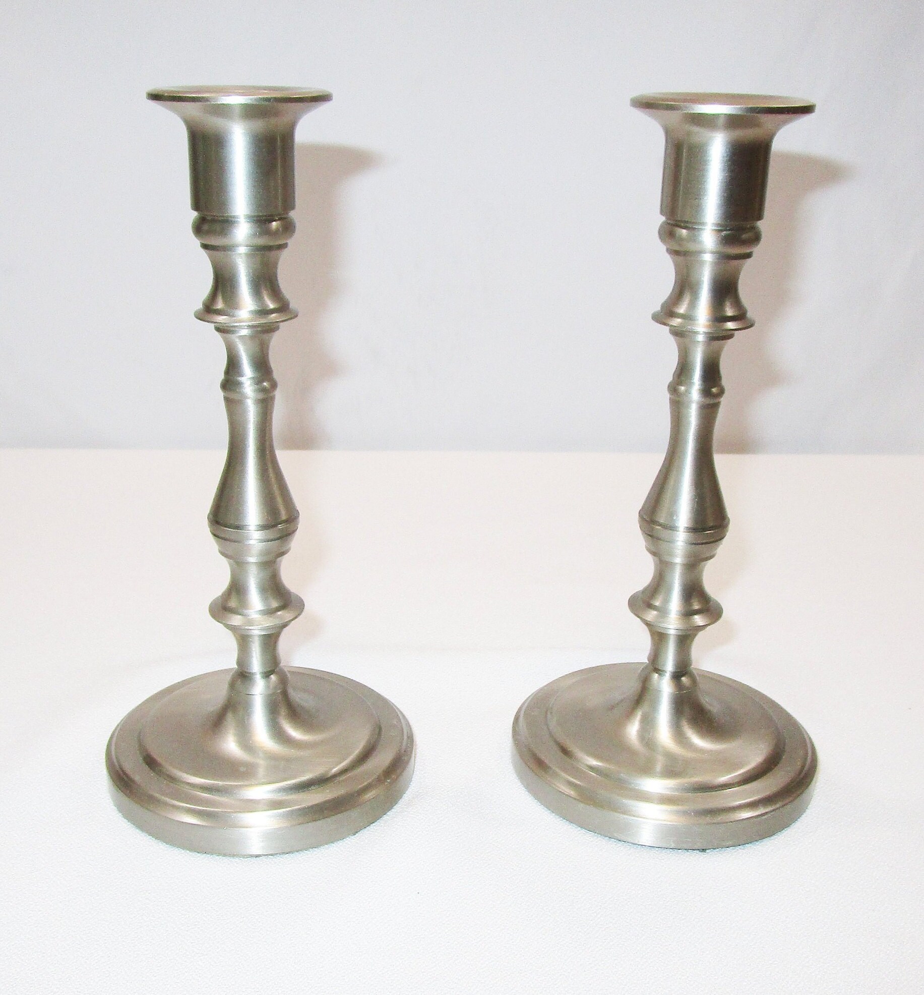 Vintage Baldwin Candlesticks 7 Inch Brass Platinum Mist Satin Nickel