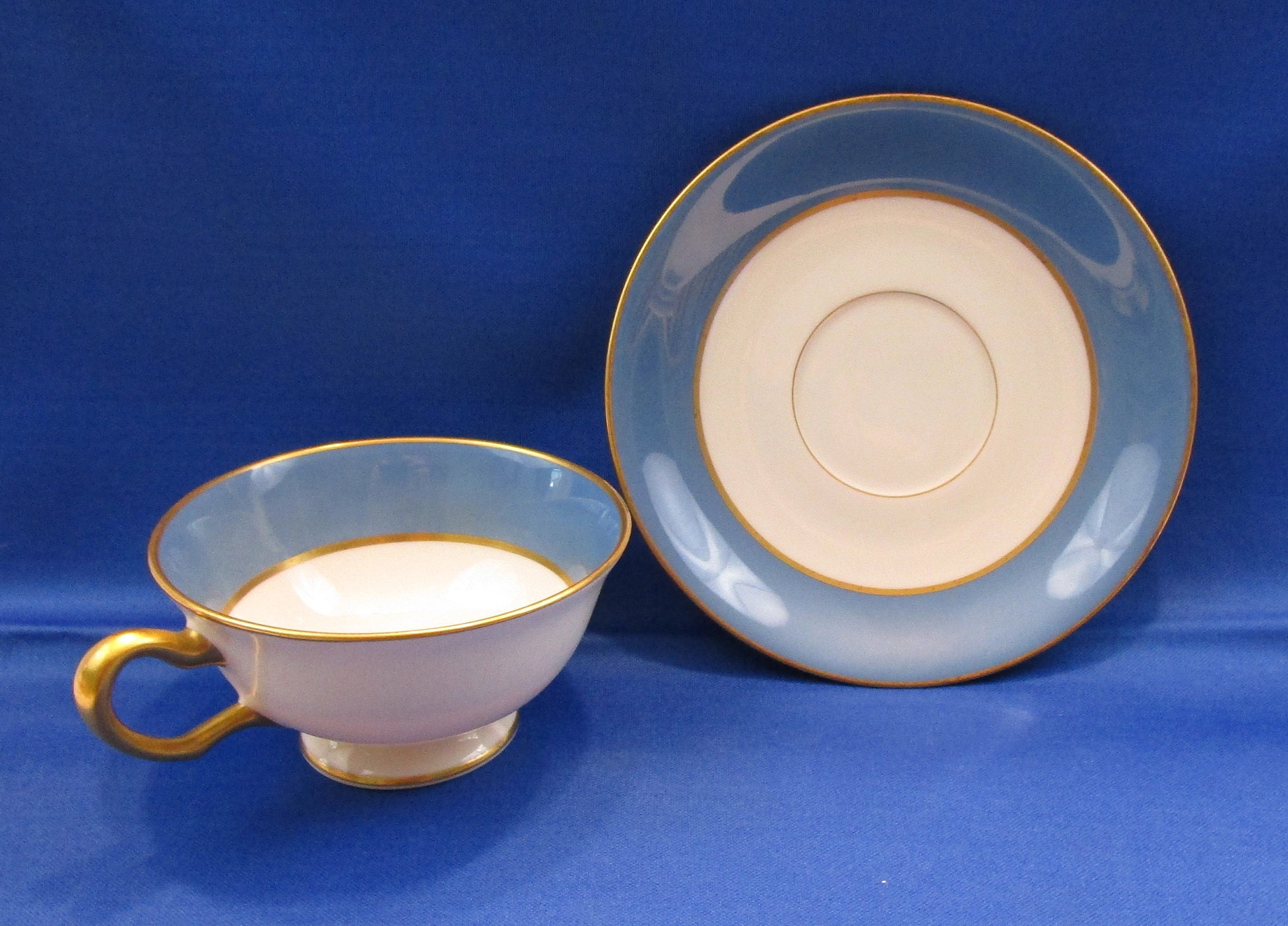 Antique Lenox Teacup and Saucer Teal Blue Band Gold Trim Footed Tea Cup