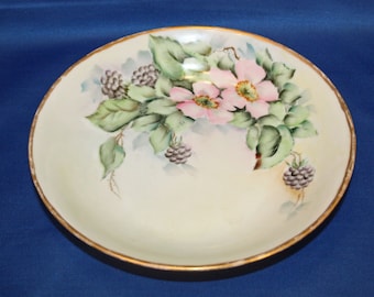 Antique Imperial Austria PSL Empire II Hand-Painted Bowl with Pink Flowers, Leaves & Black Berries 1914-1918 Vegetable Serving Bowl Dish