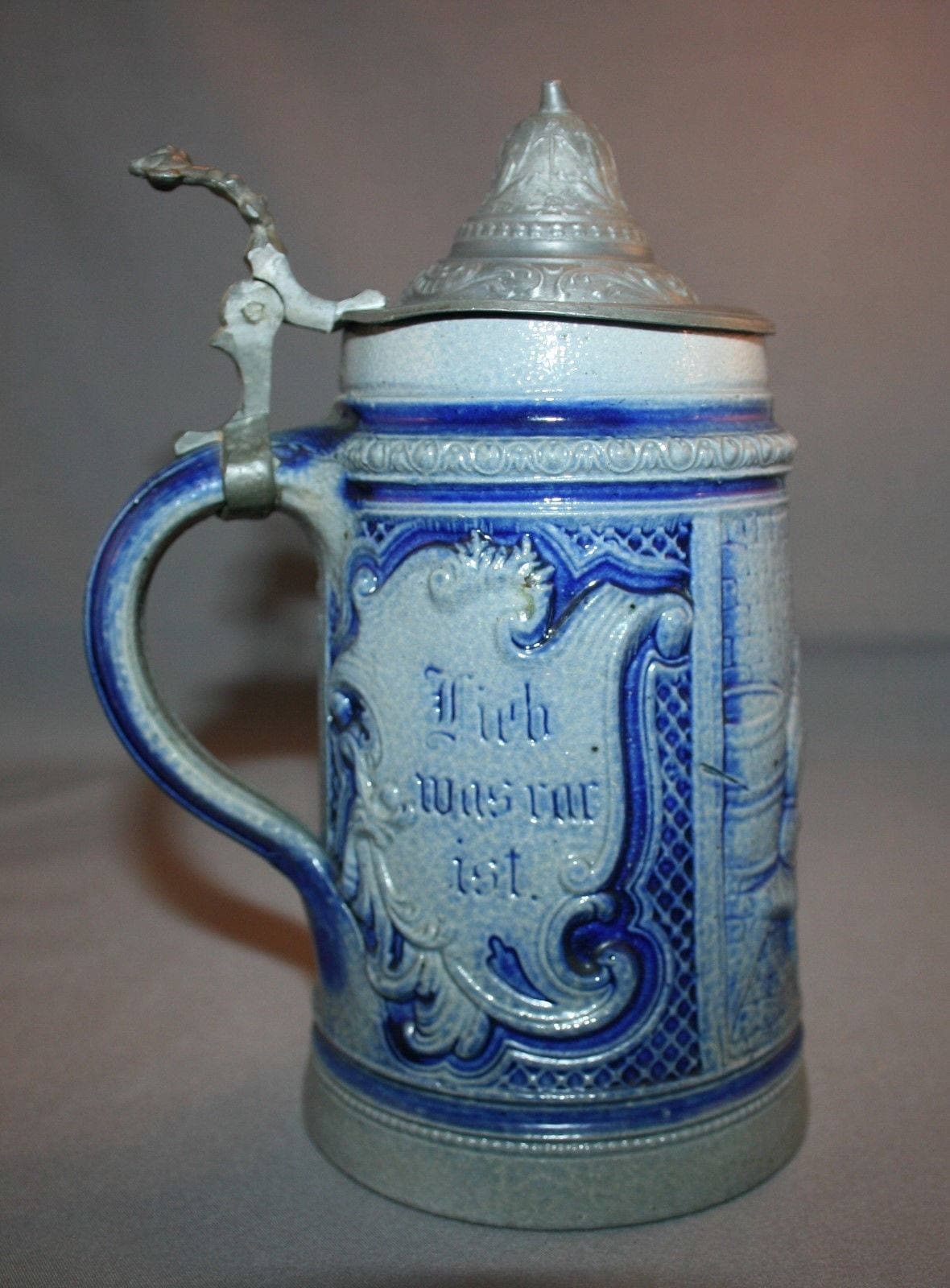 Antique Stoneware German Beer Stein Pewter Lid Germany Salt Glaze