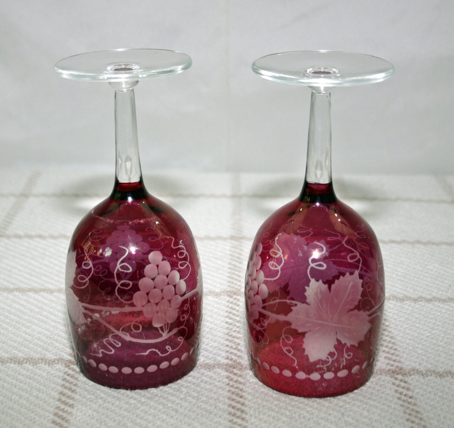 Vintage Pair Ruby Red Flash Wine Glasses Hand Etched Grape Motif