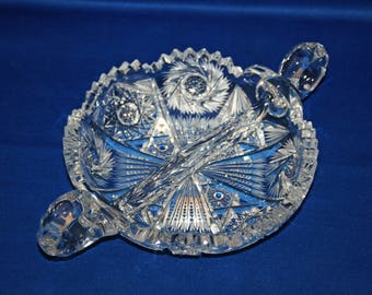 Antique American Brilliant Period Relish Dish with 2 Handles ABP Cut Glass Hobstar Divided saw tooth divided serving bowl Collectible Glass