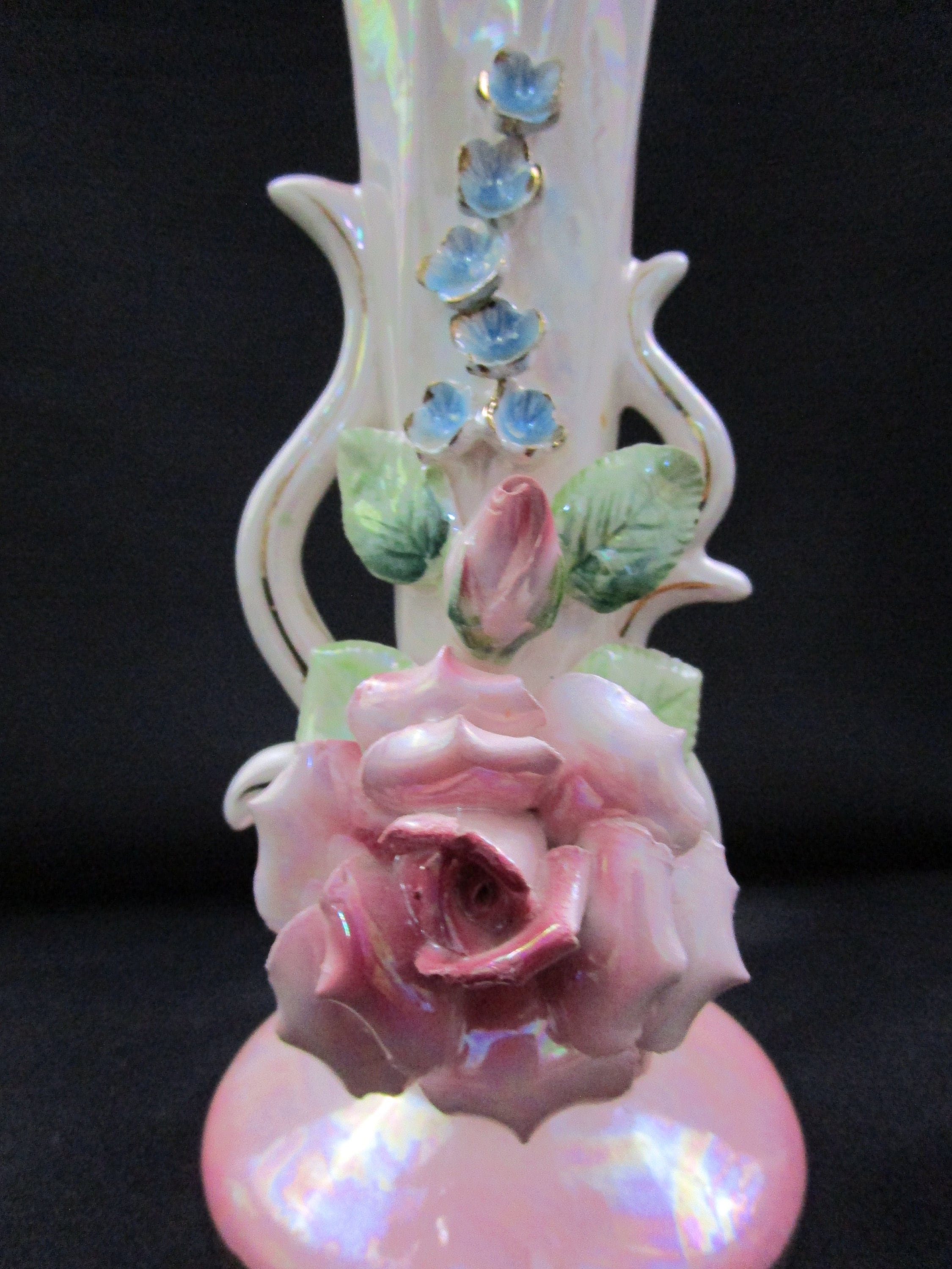 Vintage Lusterware Bud Vase Capodimonte Italian style Iridescent Pink Hand Painted Rose Flower Vase