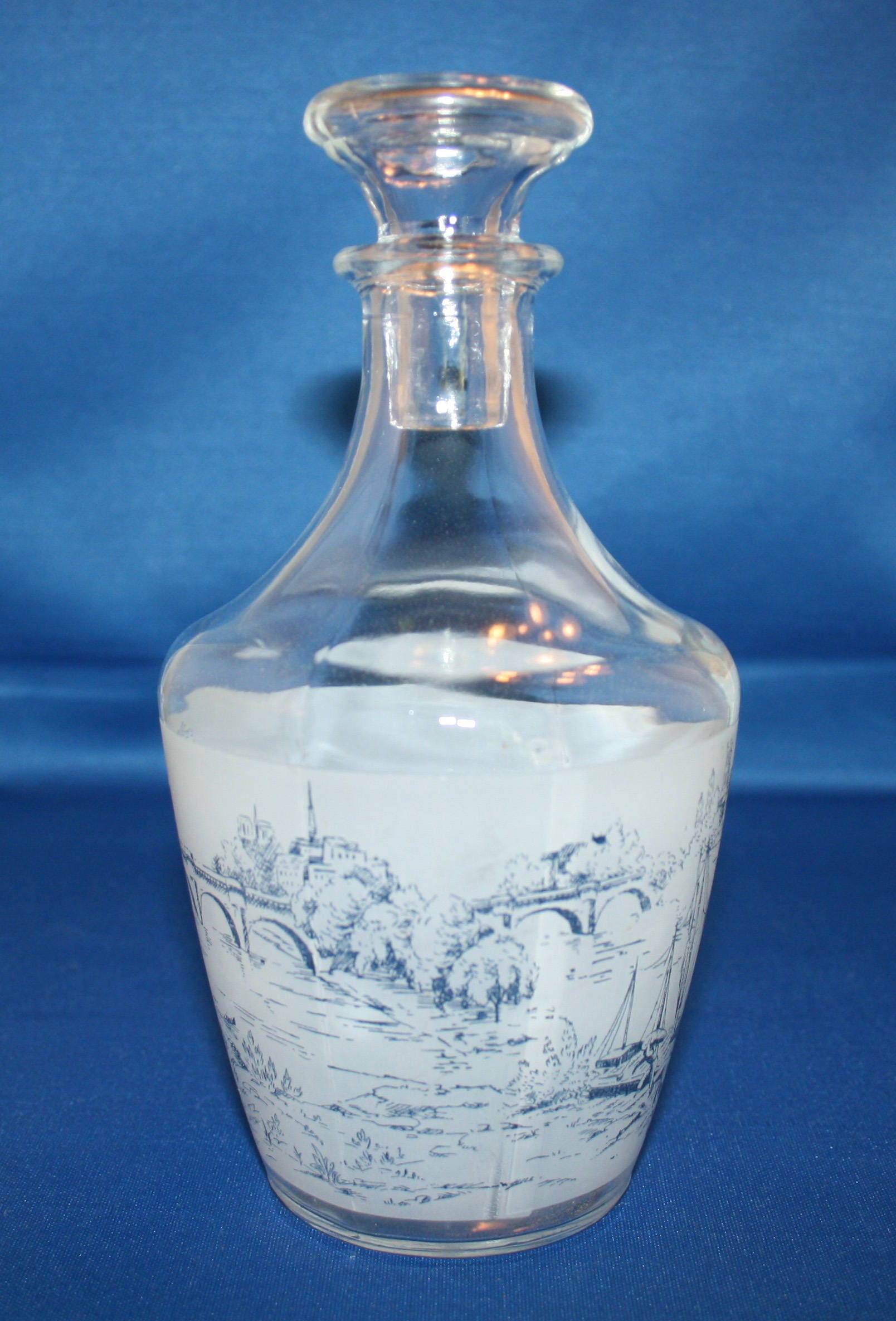 Vintage Glass Stagecoach Decanter Liquor Carafe Country Scenes France