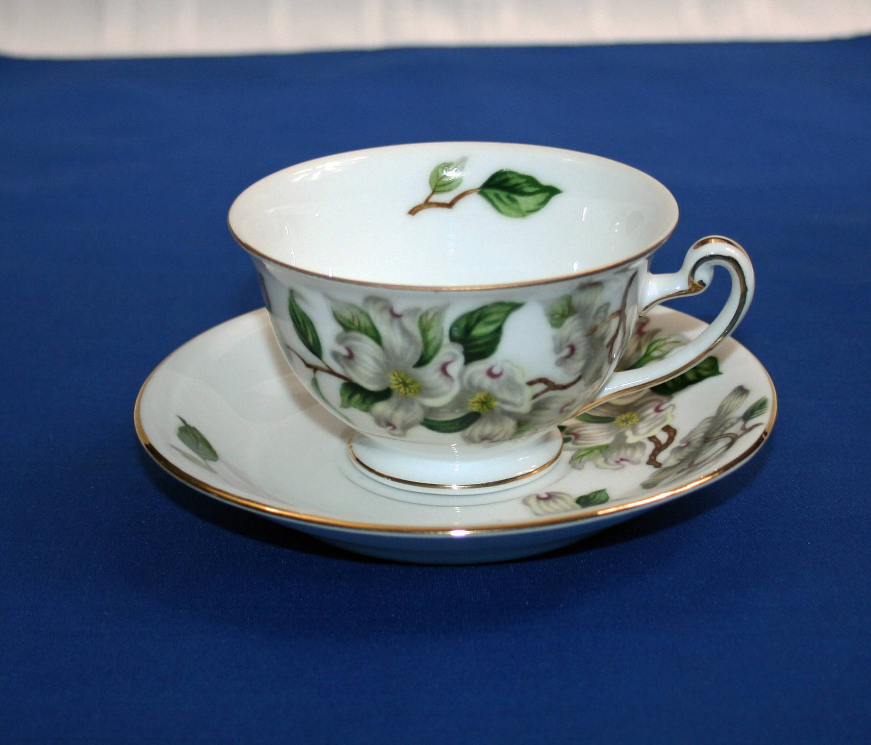 Vintage Rare Hira Geneva Teacup and Saucer White Dogwood Footed Tea Cup