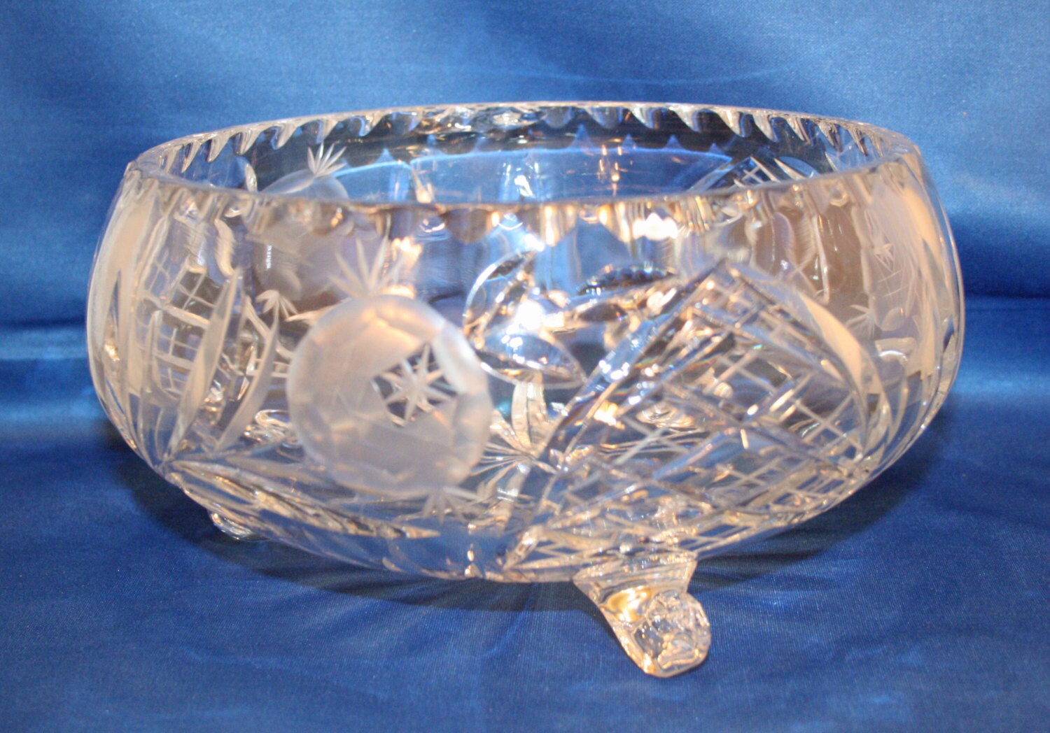 Vintage Lead Crystal Bowl TriFooted Hand Cut 8 inch Bowl Candy Bowl
