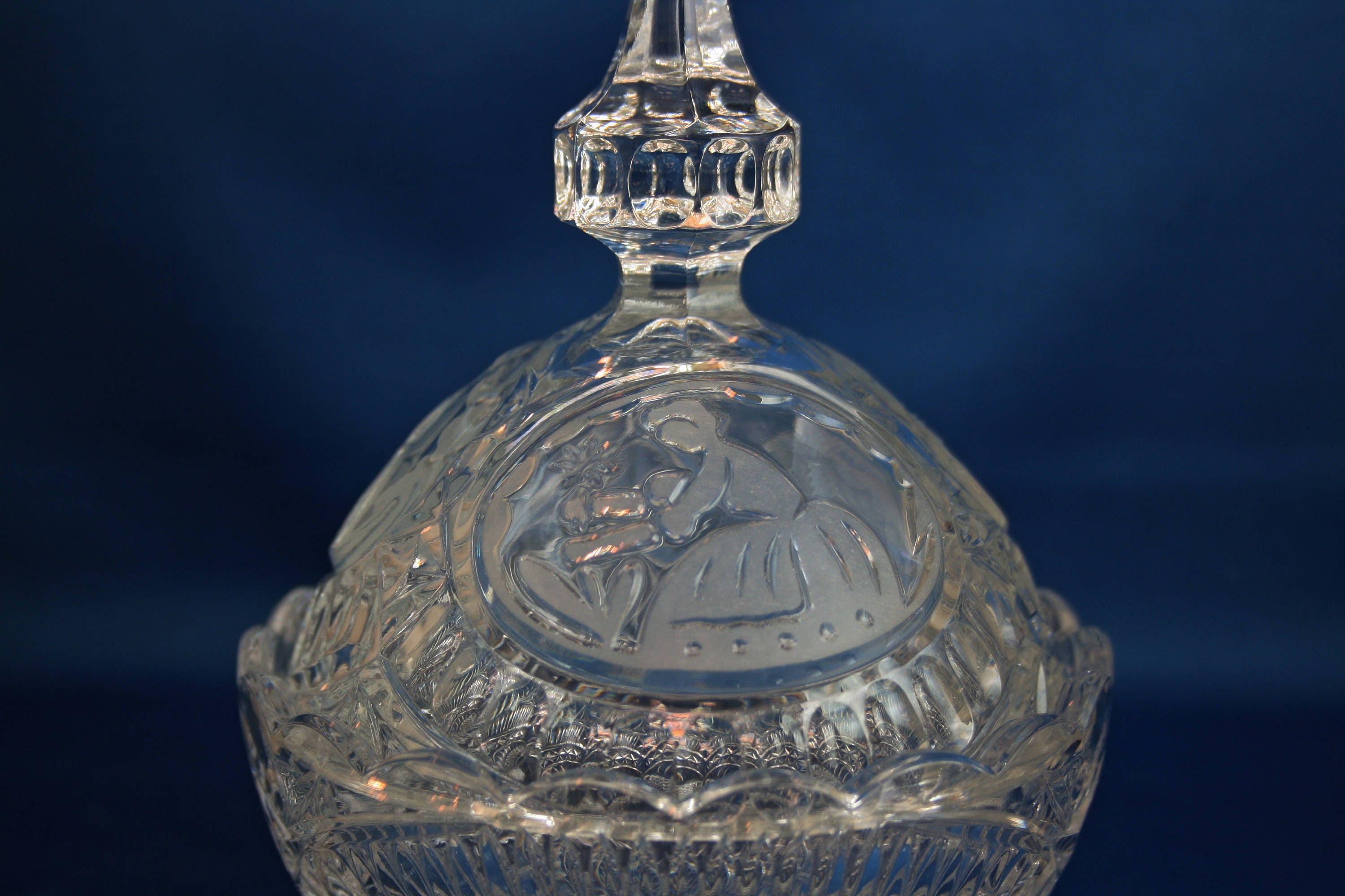 Vintage Clear Crystal Candy Dish or Nut Bowl with Lid Lady picking