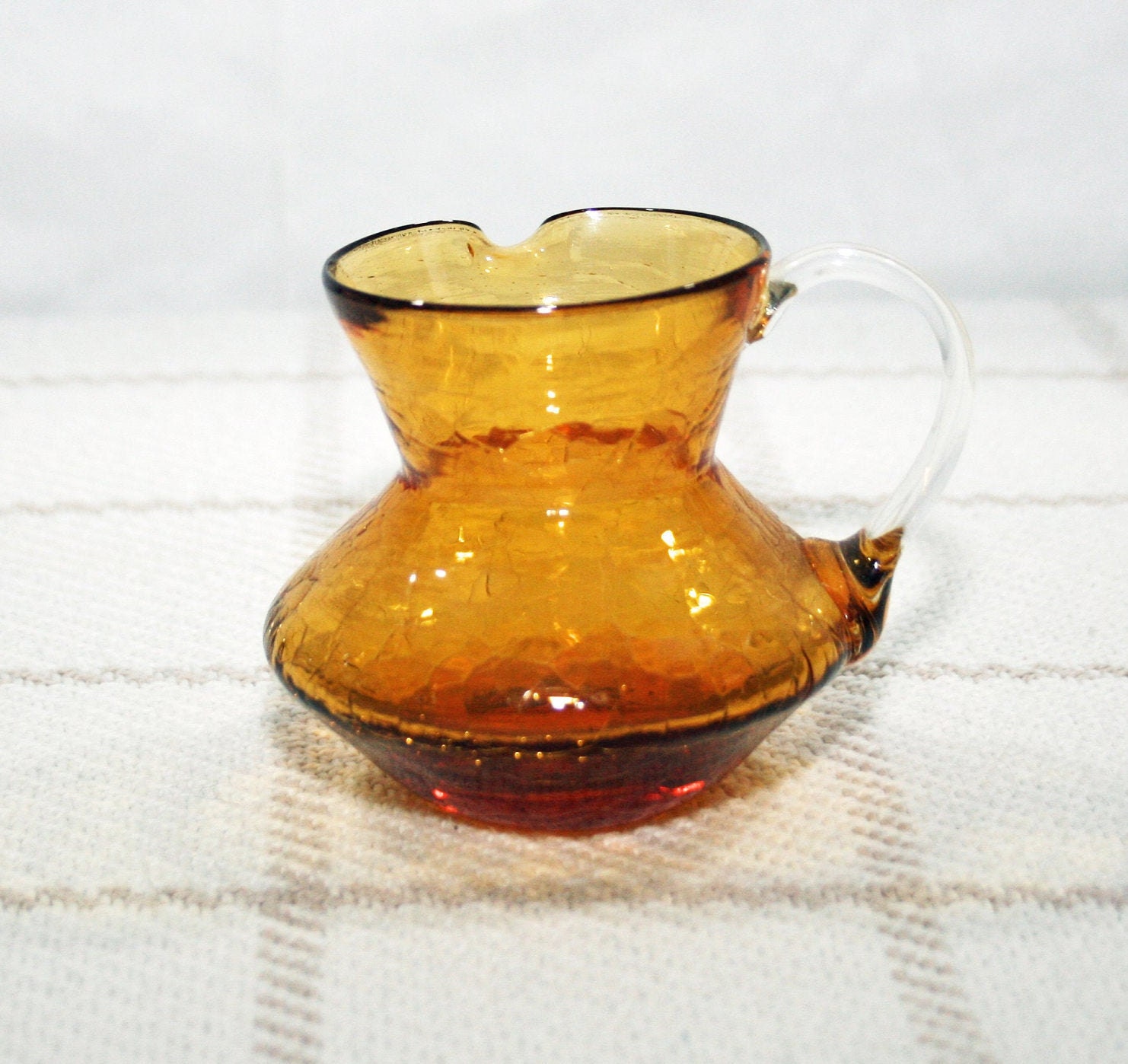 Vintage Small Clear Hand Blown Glass Pitcher w/applied Black Handle Mini