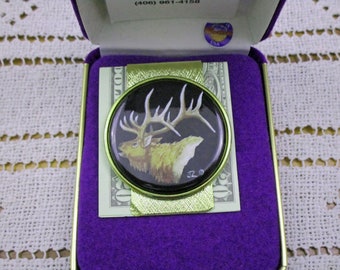 Vintage Bull Elk Money Clip Original Artistic Impressions on Porcelain by Julie Zsupnik Made in the USA Western Art Nature Wildlife