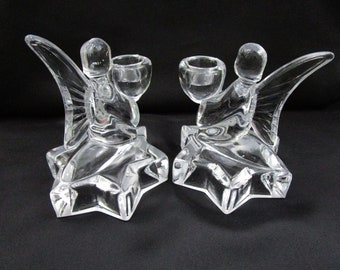 Vintage Glass Angel Candlesticks Kneeling on Star Base Pair Heavy Clear Glass Candle Holder Holiday Candlestick Christmas