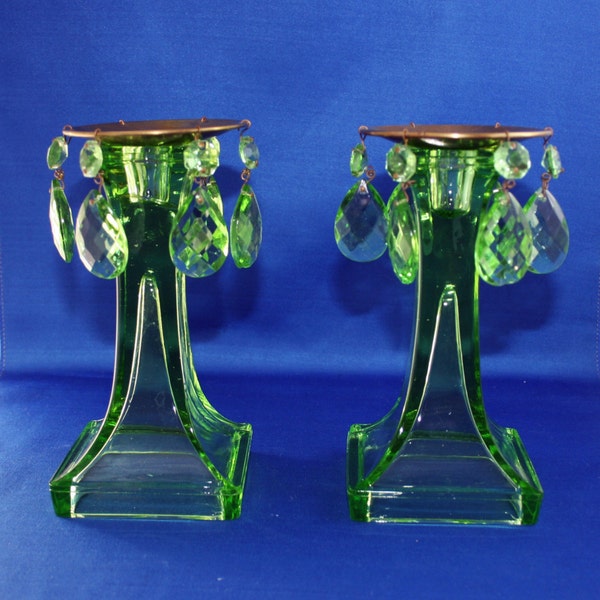 Vintage Pair Square Depression Era Green Vaseline Glass Candlesticks with Brass Wax Catchers and Matching Prisms circa 1930’s