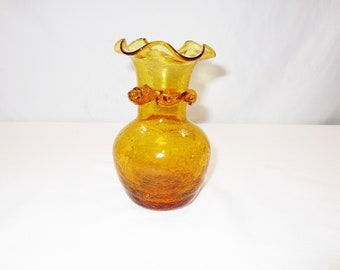 Vintage Amber Crackle Glass Vase Hand Blown  Bud Vase Handcrafted Knick Knack Collectible Art Glass Blenko, Rainbow or Viking Glass Company