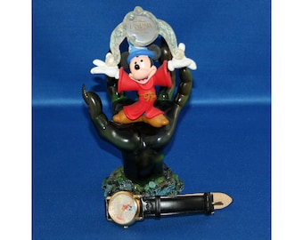 RARE Vintage Disney Sorcerer Mickey in Chernabog’s Hand Resin Statue & Limited Edition Fantasia Watch 1051 of 2000