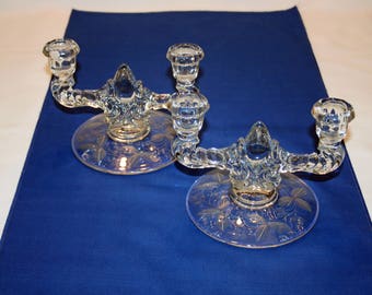 Pair New Martinsville Etched Flower Glass Double Candlesticks Prelude Pattern Viking Glass Candle Holder set EAPG era Candlestick Holders