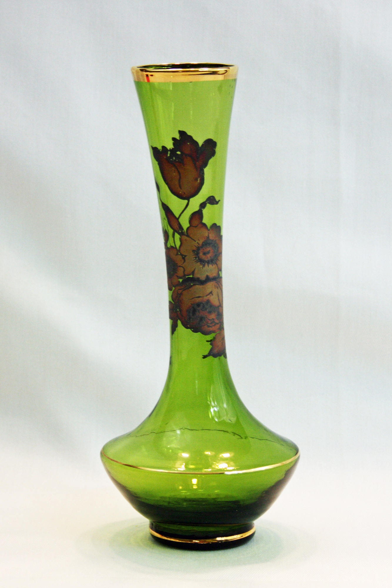 Vintage Lefton Emerald Green Glass Bud Vase Hand Blown with Floral
