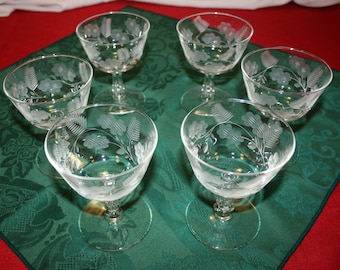 Vintage Crystal Champagne Wine Glasses Set of 6 Glass Goblet Hand Etched Stemmed Water Glass Breweriana Barware Bar