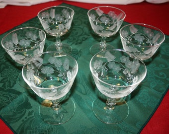 Vintage Crystal Champagne Wine Glasses Set of 6 Glass Goblet Hand Etched Stemmed Water Glass Breweriana Barware Bar