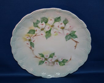 Antique Furstenberg Dogwood Plate Signed J Thurston Embossed Pale Green Hand Painted Charger German Cabinet Plate Dinner Plate Germany