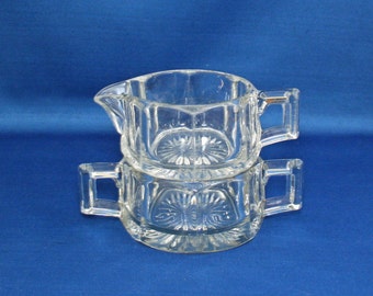 Antique Heisey Glass Colonial Hotel Creamer and Sugar Bowl Set Flat Panel Pattern 353 Diamond H Country Kitchen Homestead Hotelware