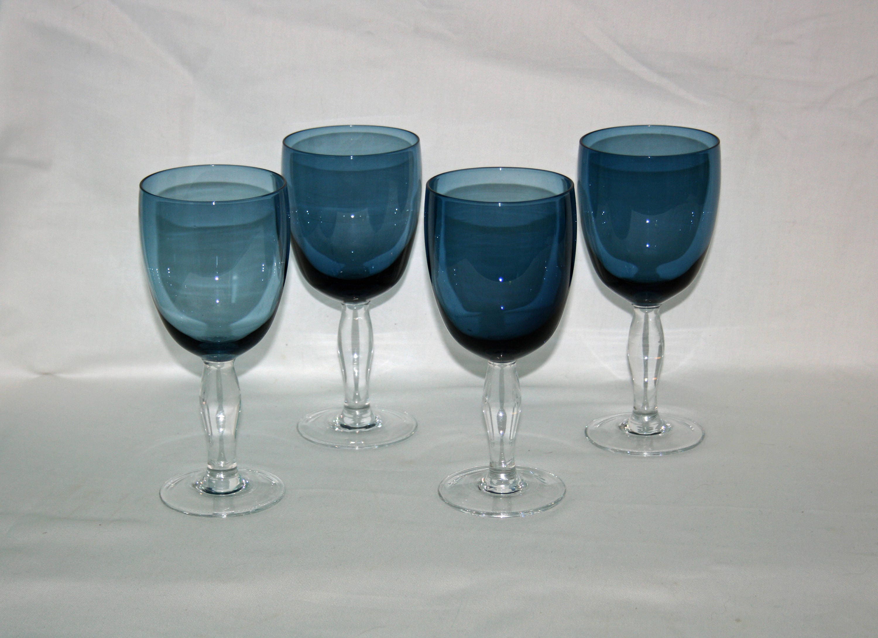 Vintage Blue Tinted Clear Stemmed Wine Goblets wine glasses Water