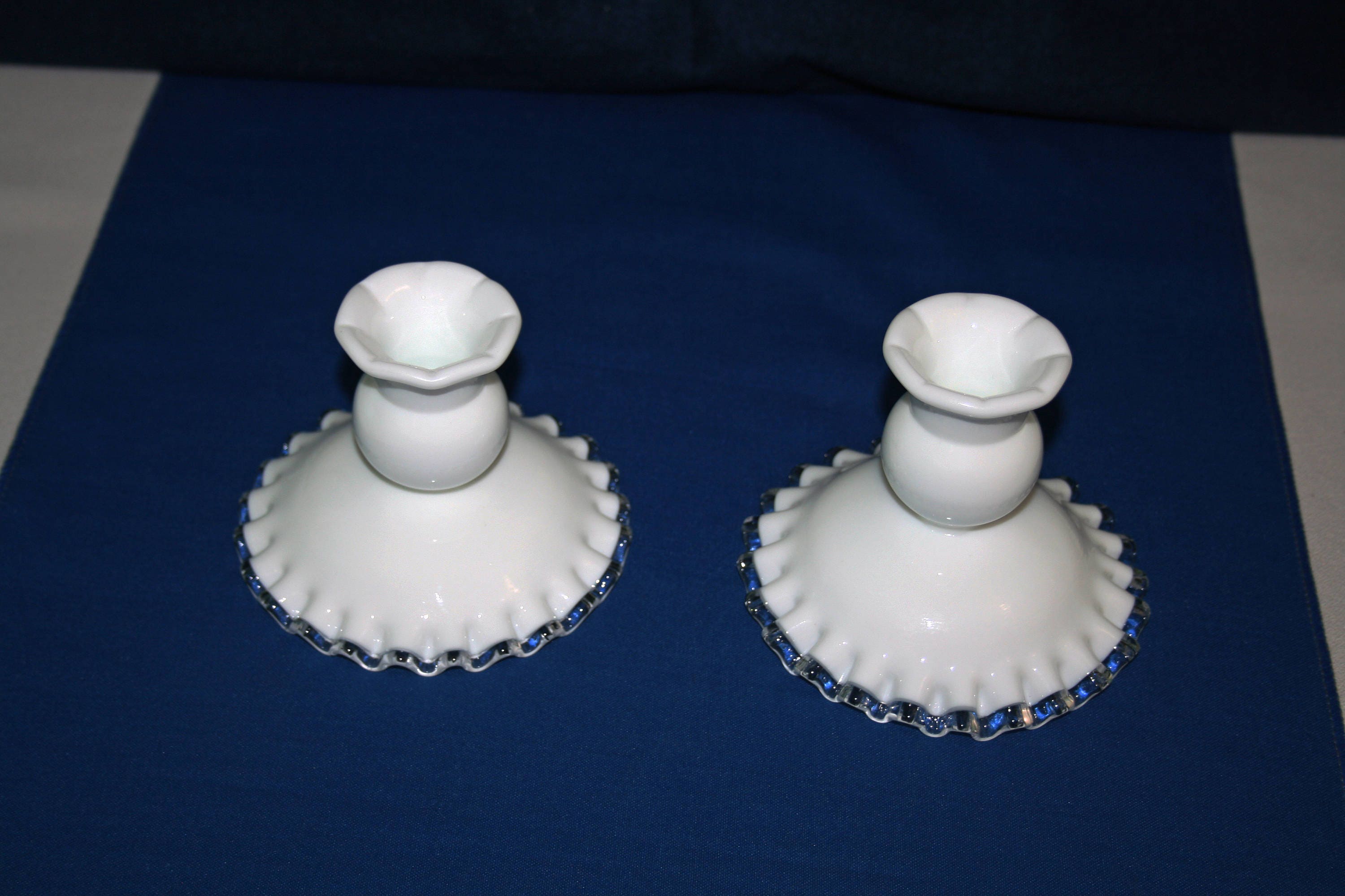 Vintage Fenton Silver Crest Candlestick white clear glass crimped
