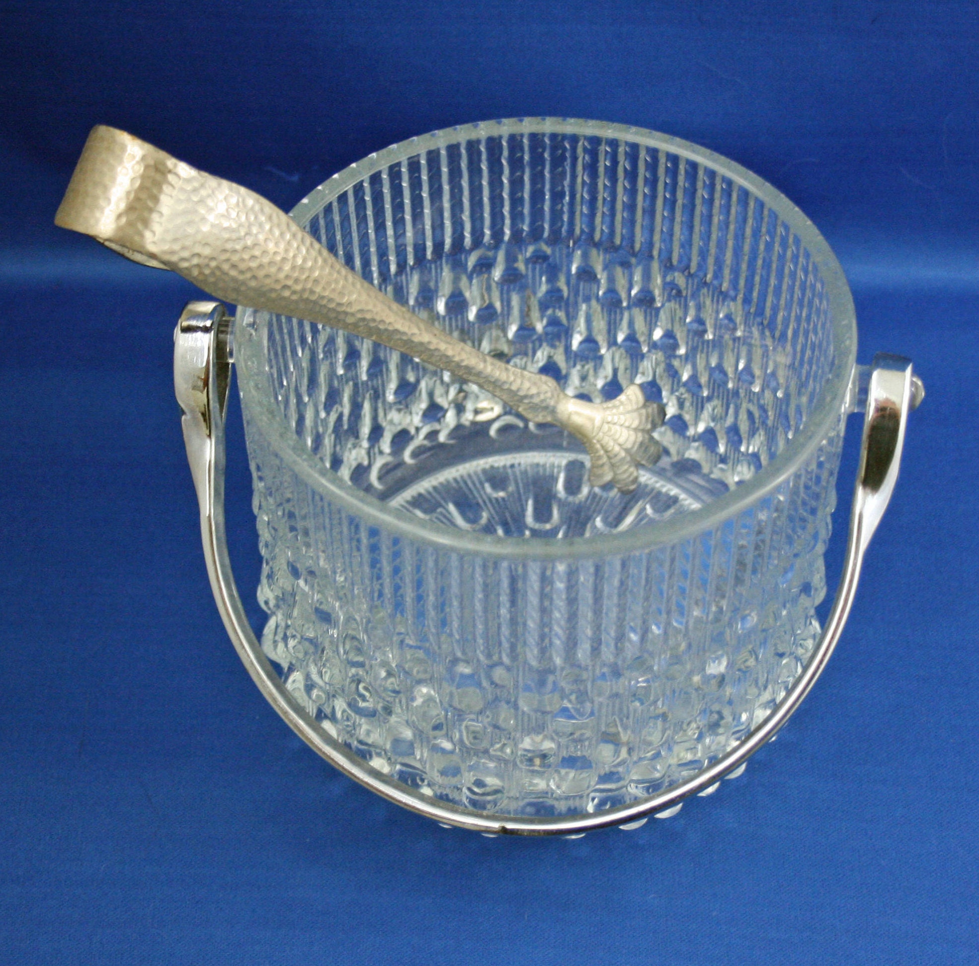 Vintage Ice Bucket with Tongs Teleflora Glass Chrome Handled Made in