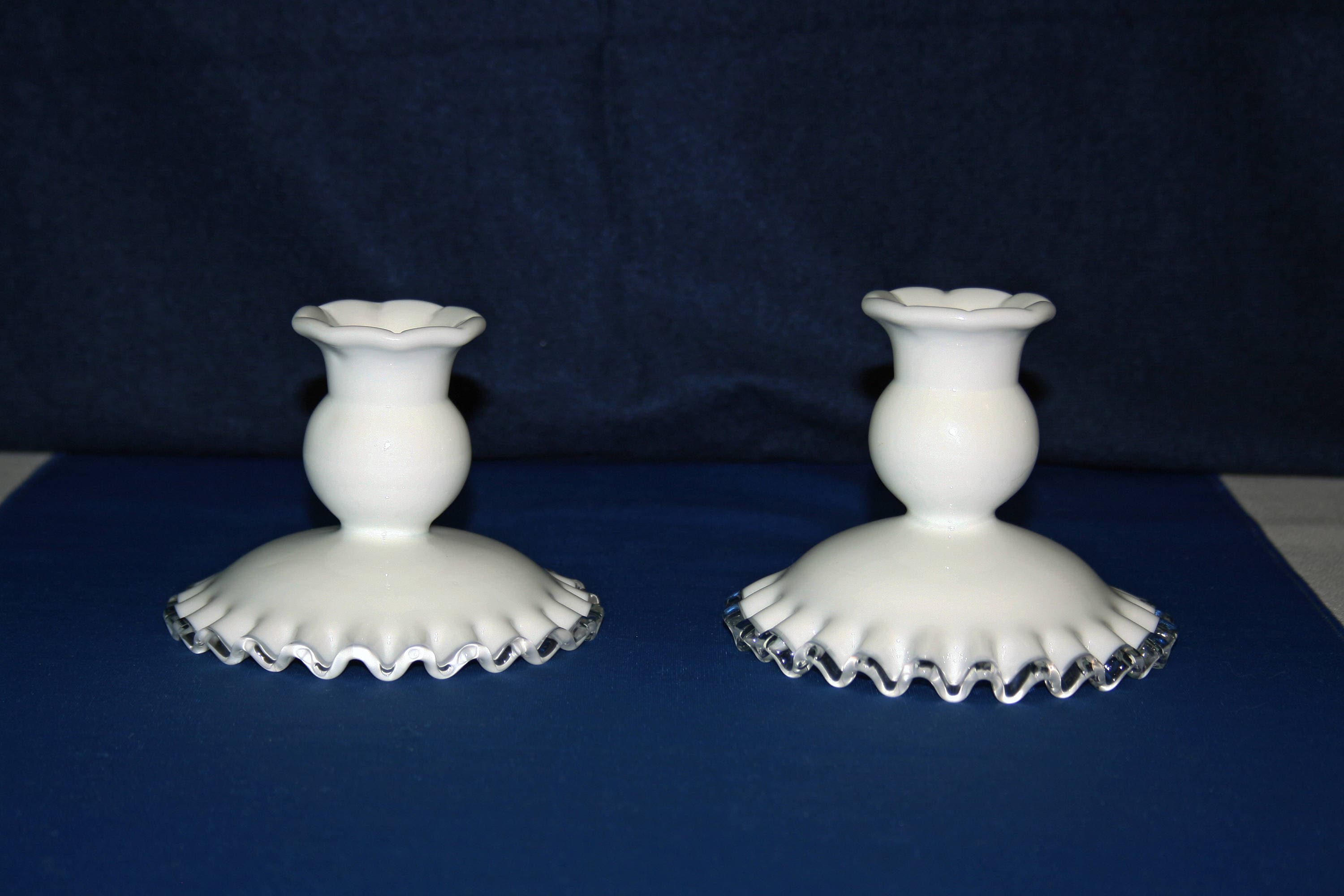 Vintage Fenton Silver Crest Candlestick white clear glass crimped ruffle candle holder