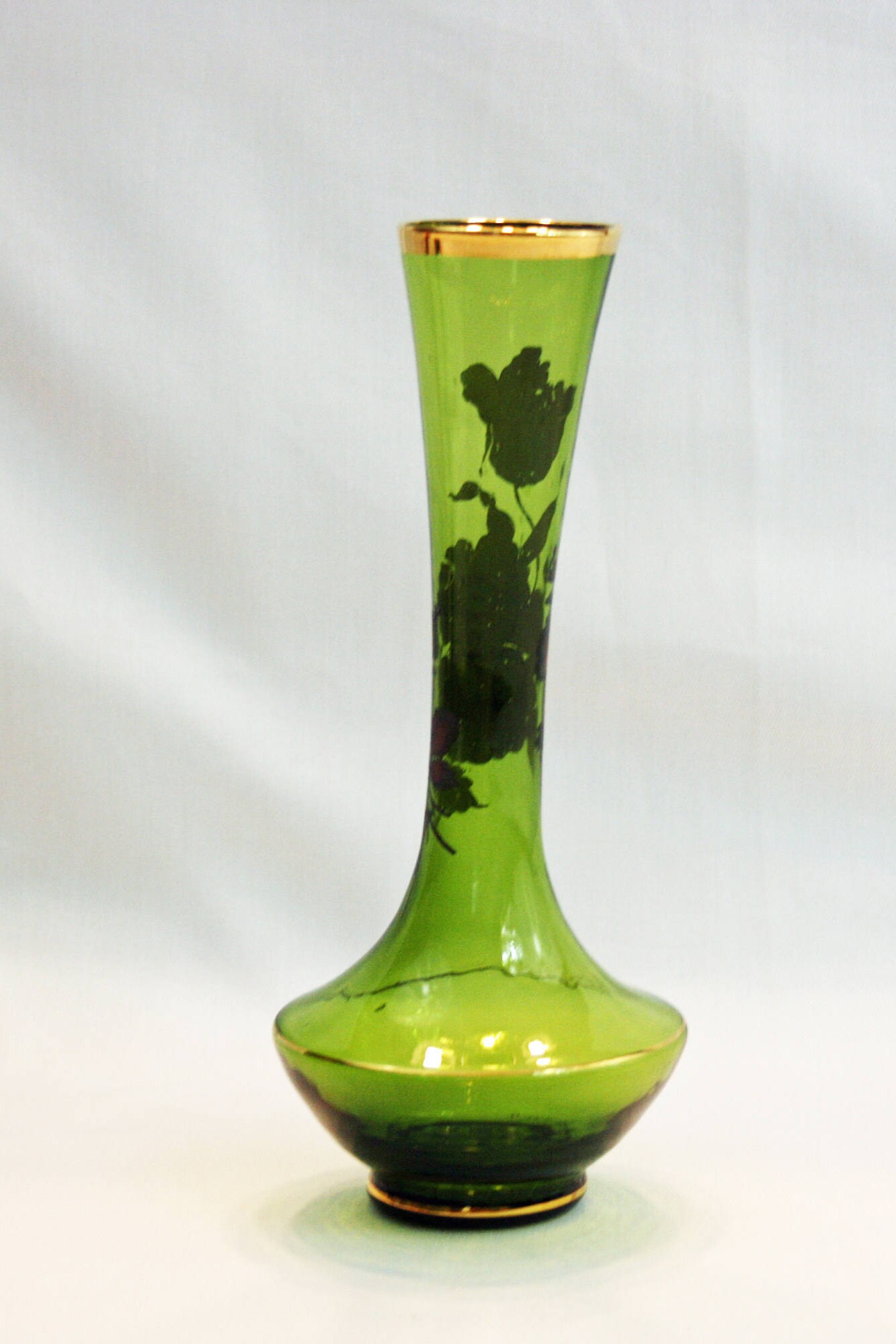 Vintage Lefton Emerald Green Glass Bud Vase Hand Blown With Floral