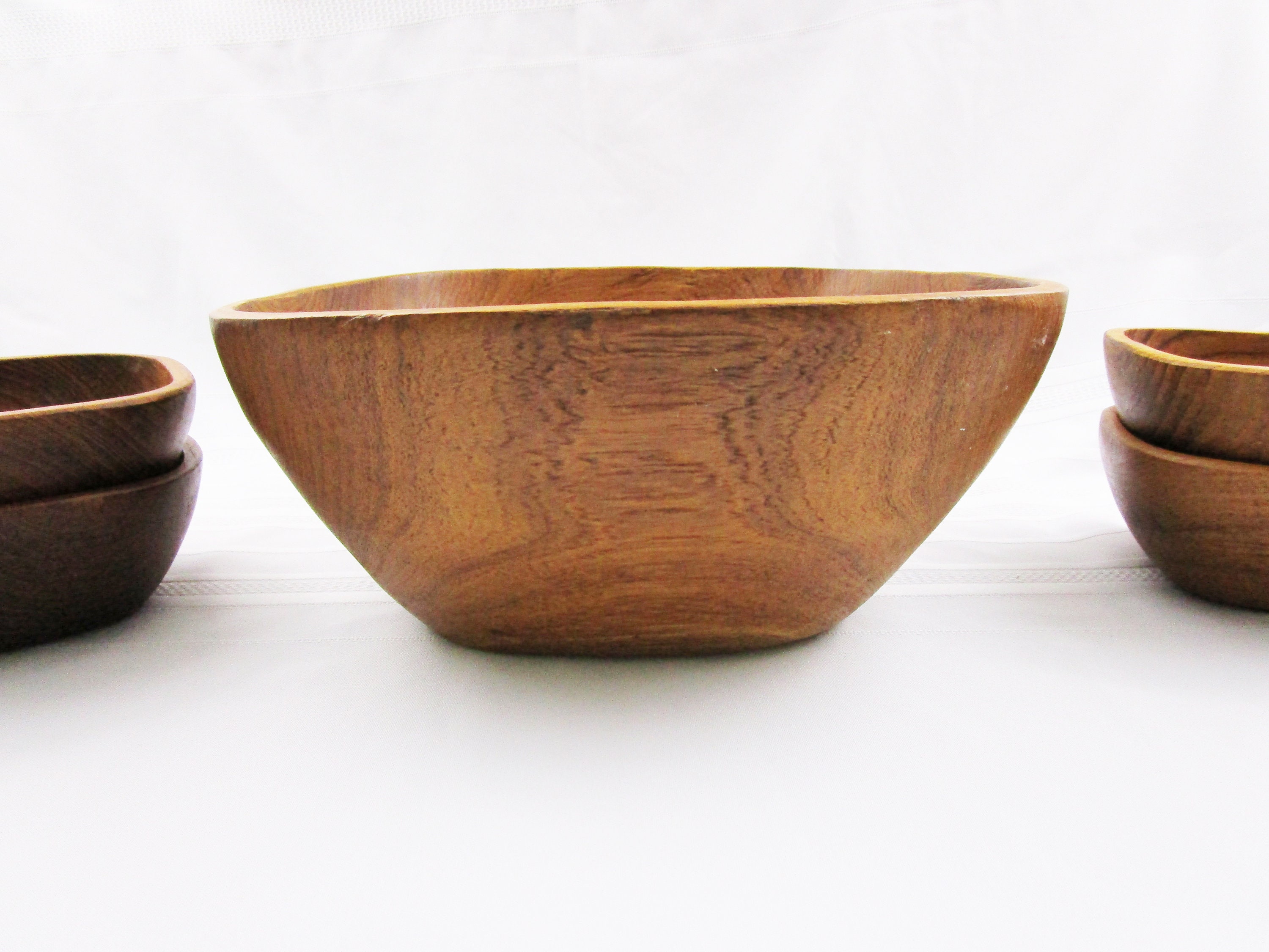 Vintage Teak Serving Bowl Set of 5 Wood Salad Bowls Hand Turned Carved