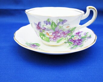 Vintage Vanderwood Bone China Tea Cup and Saucer with Violet Pattern, Made in England English Tea Party