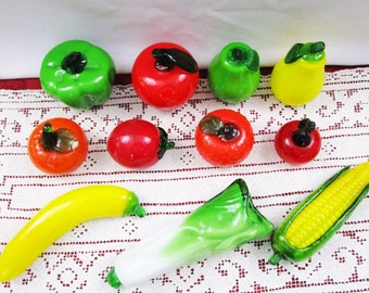 Vintage Art Glass Fruits and Vegetables – 11 pcs Hand Blown Murano Apple Corn Banana Bell Pepper Orange Pear Plum Chard Tomato