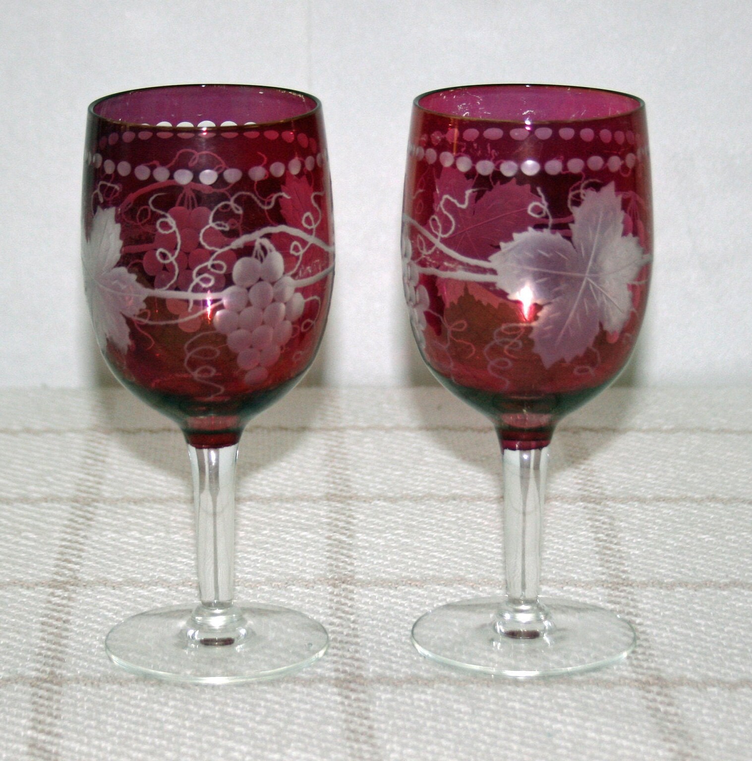 Extra large wine glasses set with etched Grape pattern c1900 - Ruby Lane