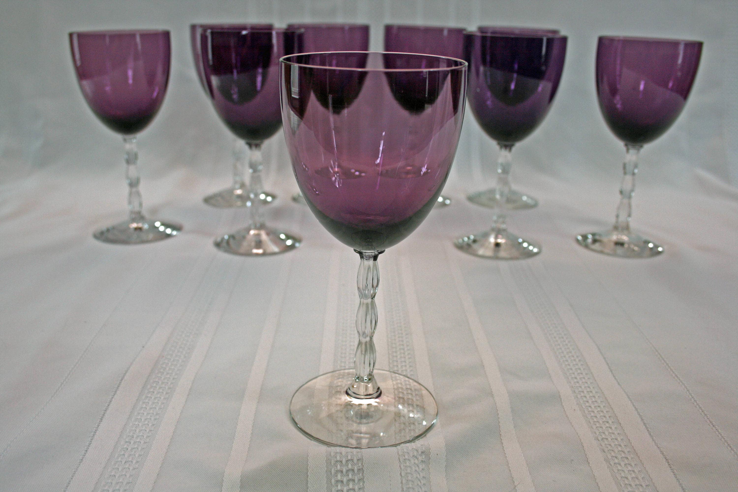 RARE Vintage Fostoria Westchester Crystal Amethyst Wine Glass Set of 9 circa 1940's purple water