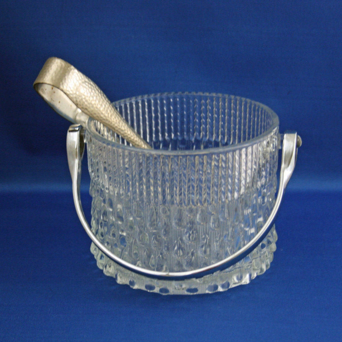 Vintage Ice Bucket with Tongs Teleflora Glass Chrome Handled Made in