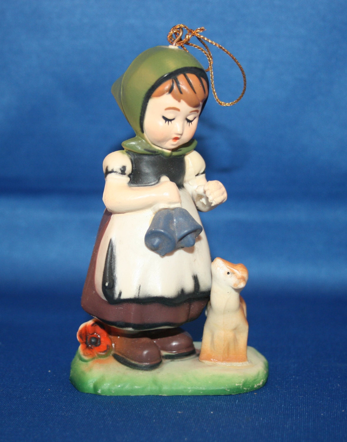 Vintage Hummel Style Christmas Tree Ornament Girl holding bells with