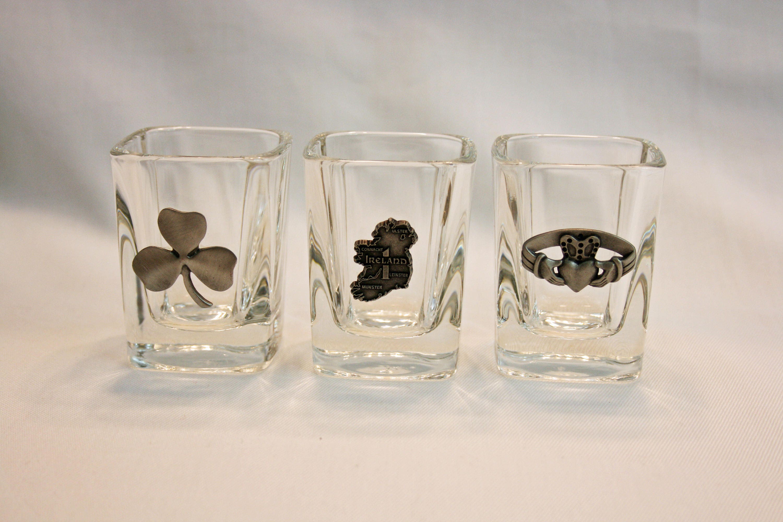 Three Square Irish Heritage Celtic Shot Glasses Shamrock, Claddagh Ring