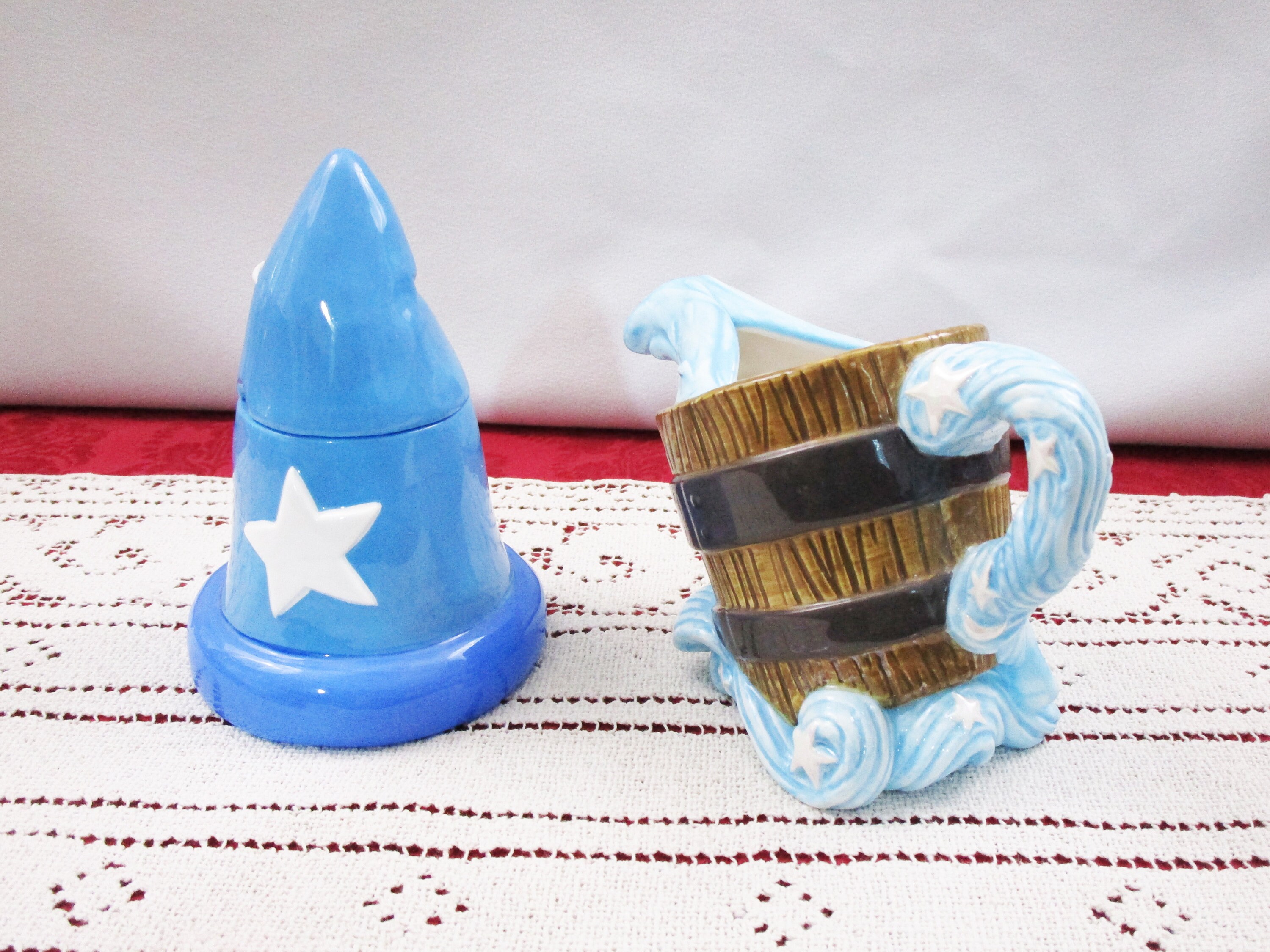 Vintage Disney Fantasia Porcelain Creamer and Sugar Bowl Hand Painted Disneyana Sorcerer Hat