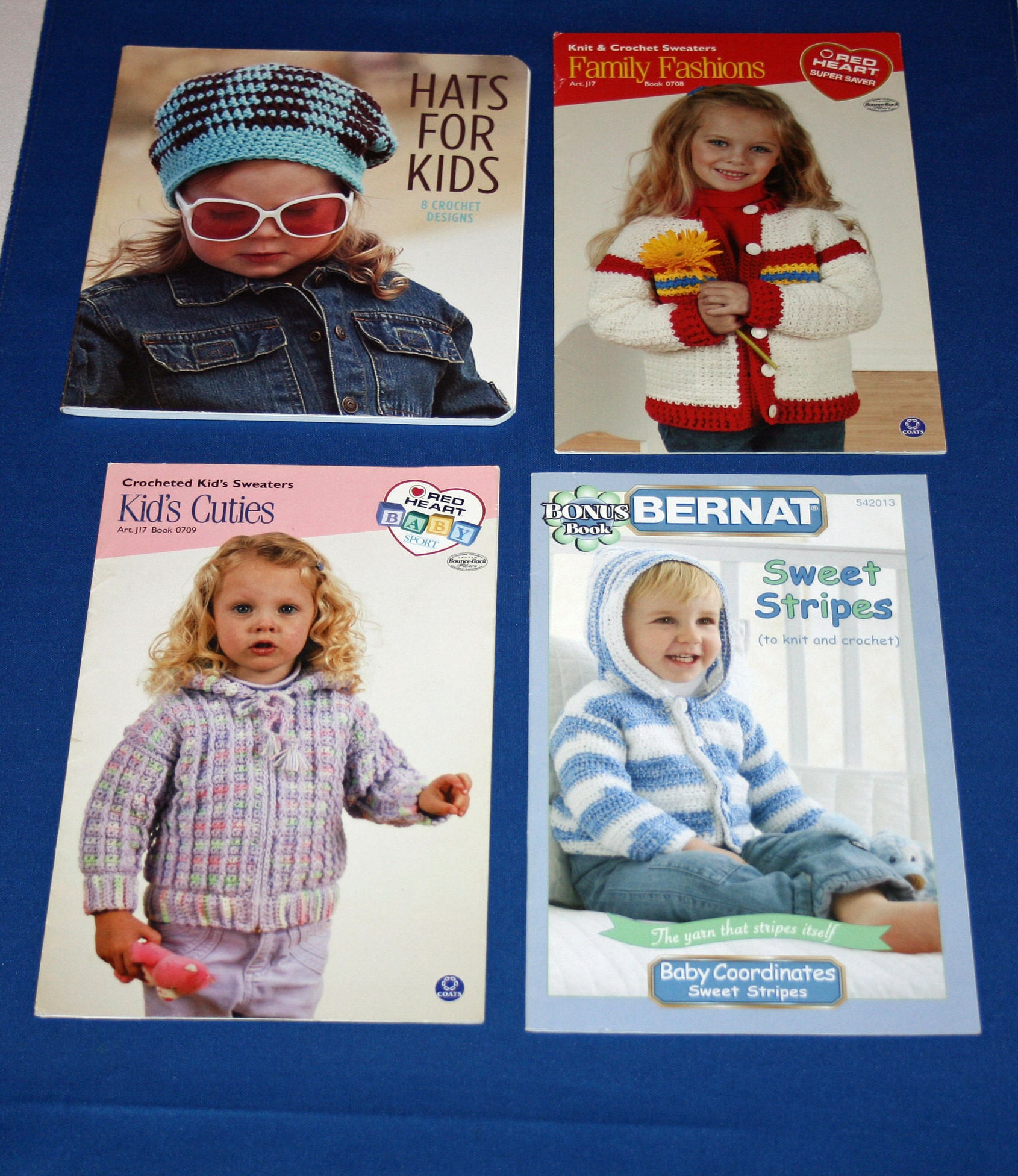 Four Knitting Crocheting Pattern Booklets for Kids by Coats Clark Red Heart Yarn Leisure Arts and Bernat Knit Crochet Patterns Book