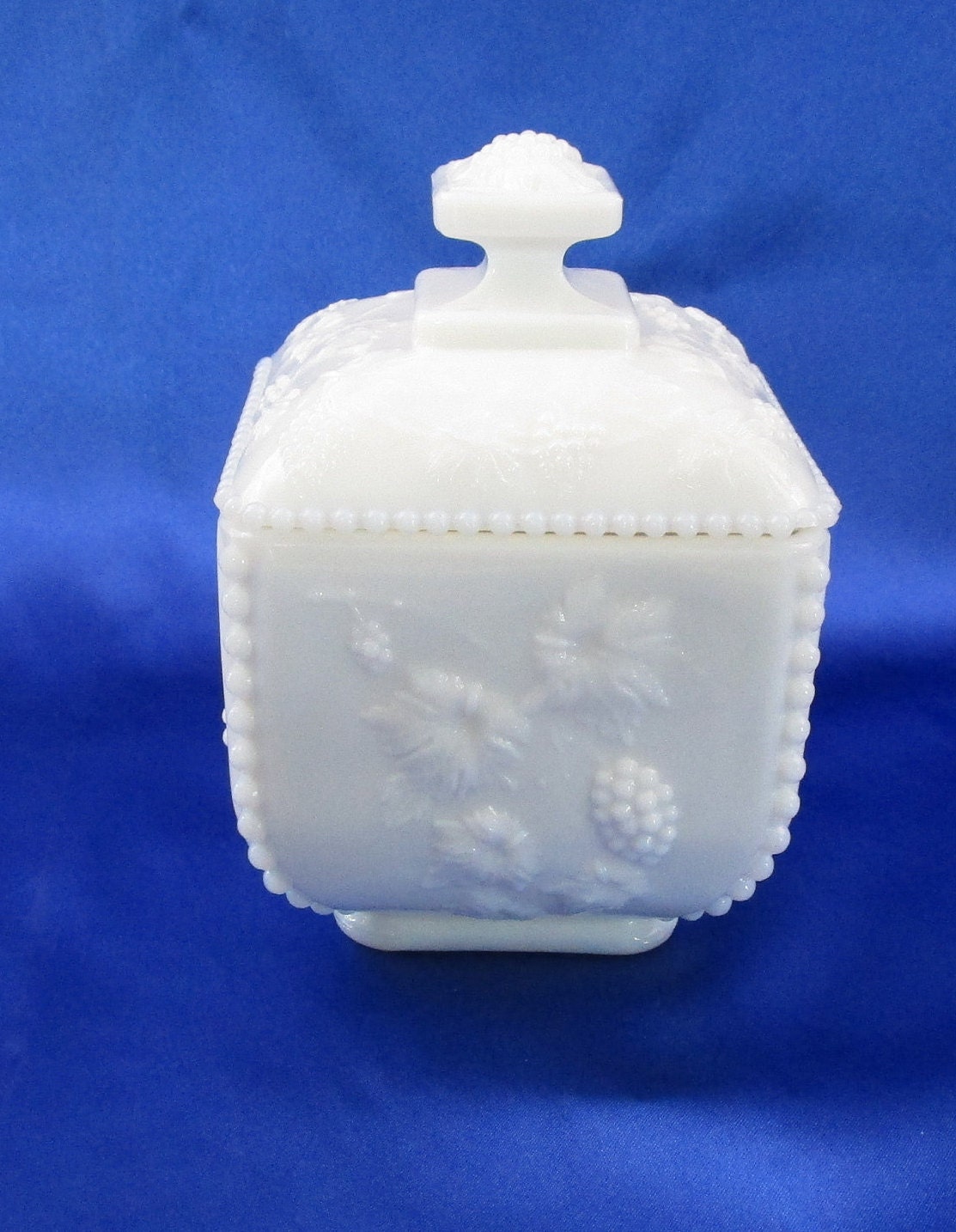 Vintage Square Puff Box with Lid Signed Westmoreland Milk Glass