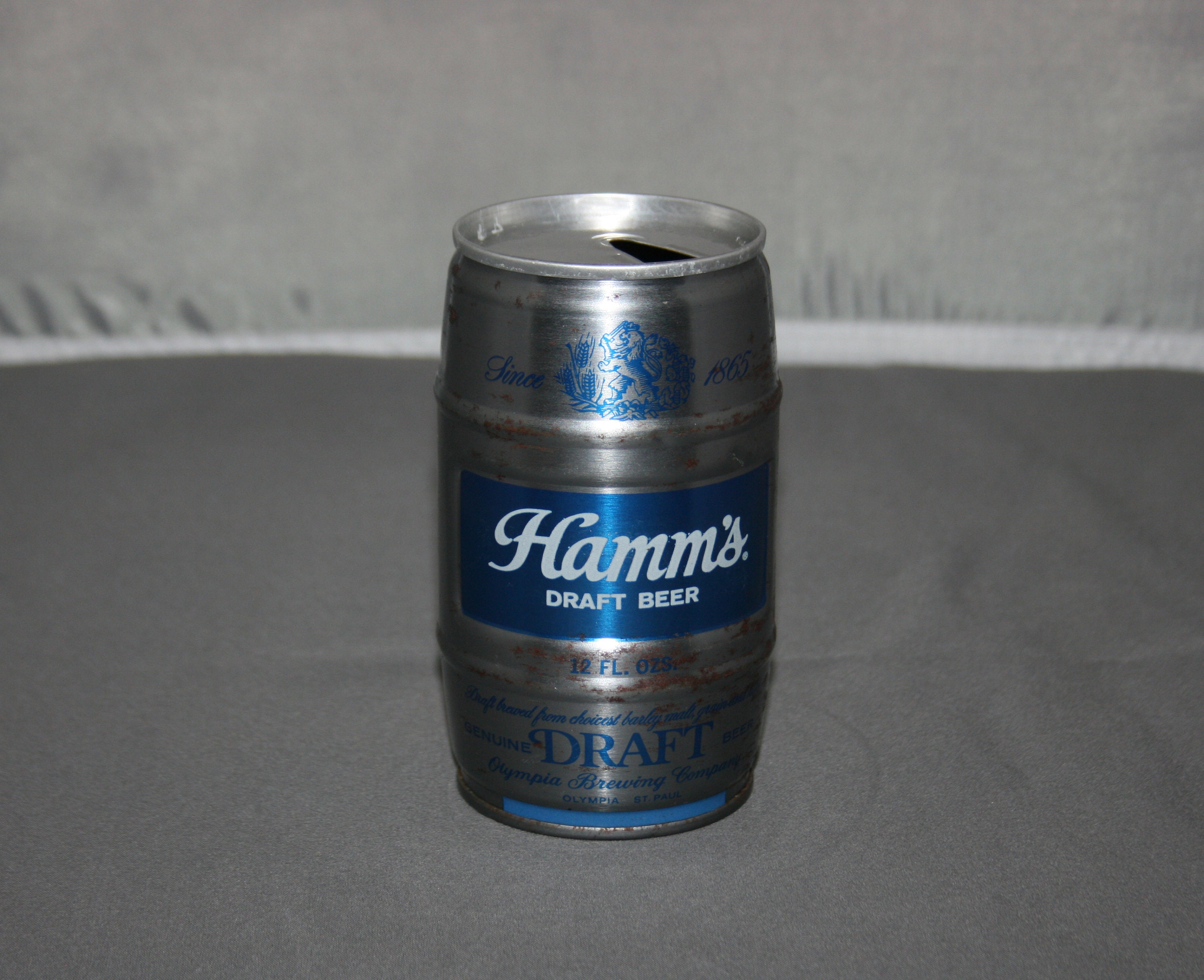 Vintage Hamm’s Draft Beer Steel Keg Beer Can Pull Tab Opened & Empty Collectible Bar Memorabilia